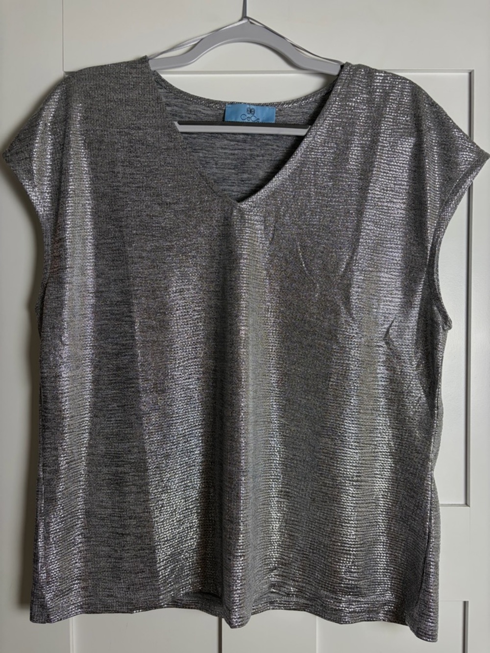 CeCe Metallic Silver V-Neck Tank Top